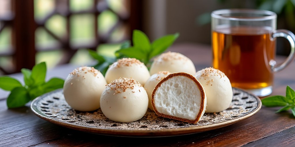 Mains délicates d'une femme marocaine roulant une boule de pâtisserie dans de la confiture d'abricot brillante, avec de la noix de coco râpée à proximité, dans une cuisine traditionnelle baignée de lumière naturelle