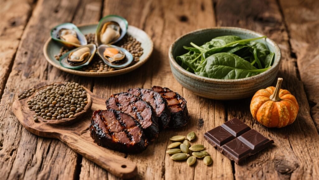 Aliments riches en fer : boudin noir, moules, foie, lentilles, chocolat noir et graines de courge sur table en bois