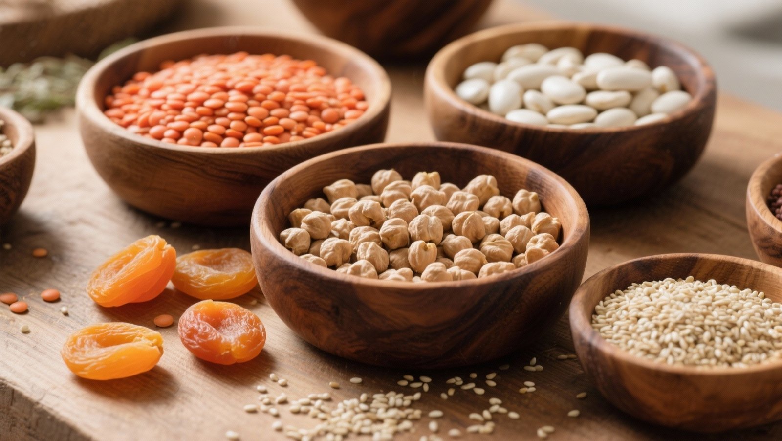 Sources végétales de fer : lentilles, pois chiches, haricots blancs, graines de sésame, abricots secs dans bols en bois