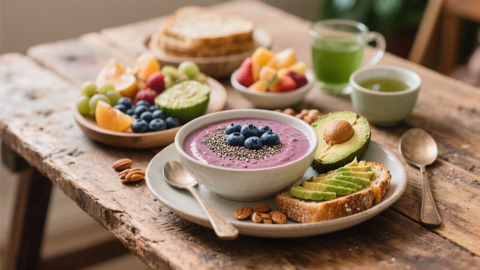 Petit déjeuner anti arthrose complet avec smoothie bowl, fruits, noix et thé vert
