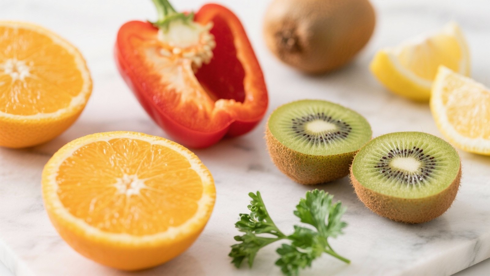 Aliments riches en vitamine C pour booster absorption du fer : orange, poivron rouge, kiwi, citron, persil