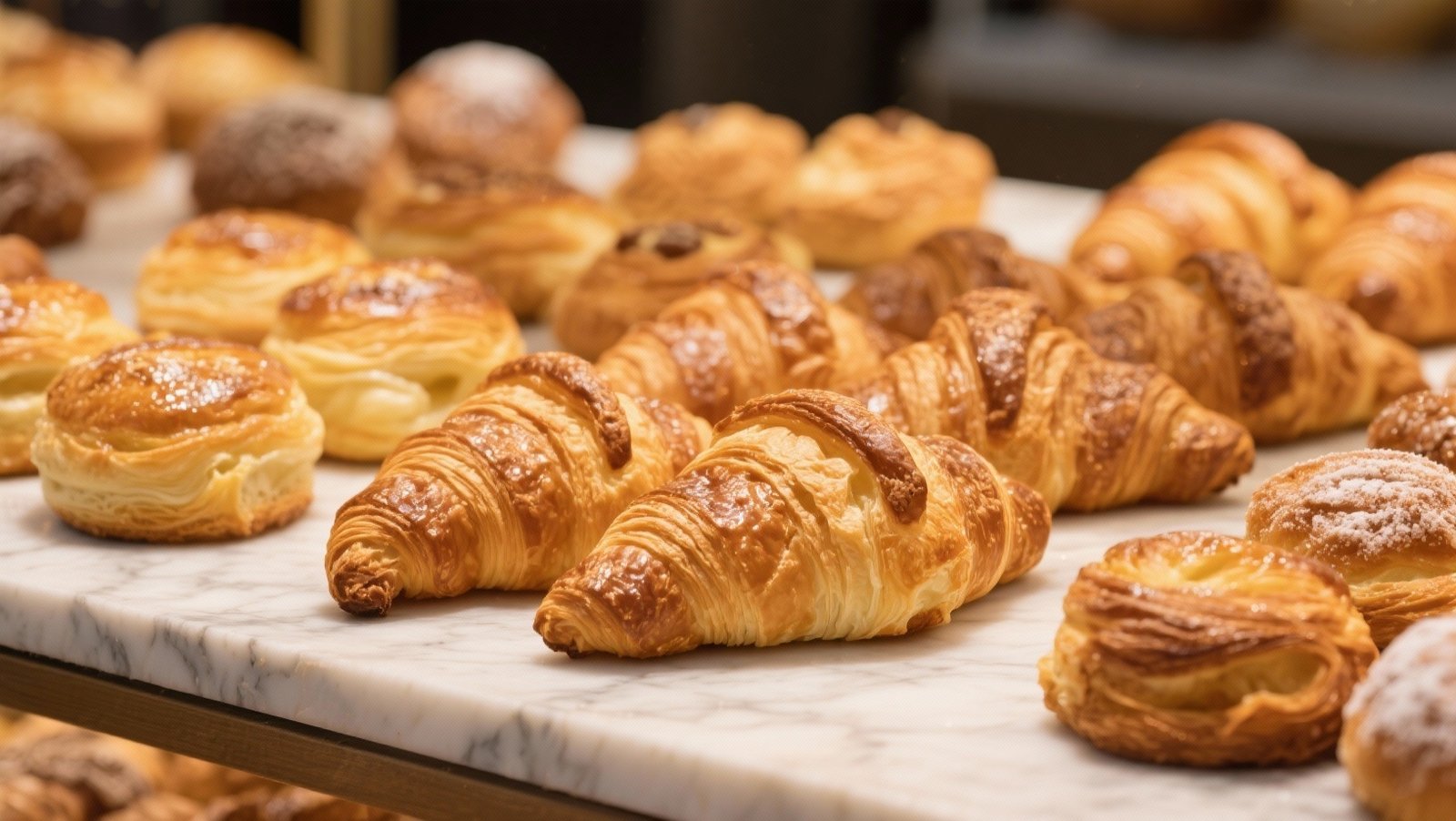 Viennoiseries françaises dorées et feuilletées présentées lors d'un concours